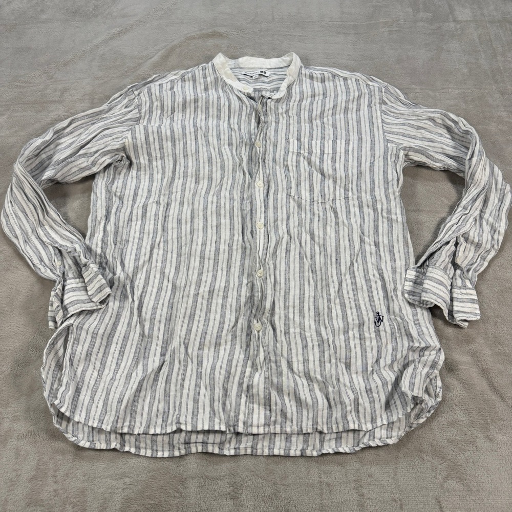 Uniqlo JW Anderson Mens Large Striped Linen Blend Band Collar Shirt White Navy